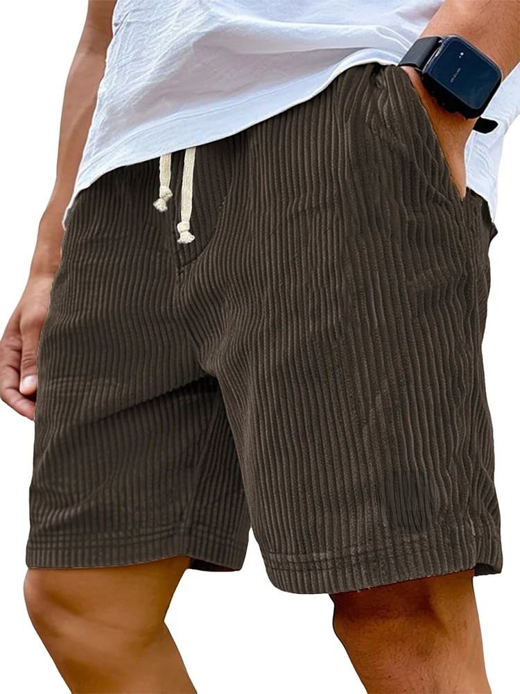 Pantalones cortos casuales de pana con cordón y logotipo bordado retro para hombre: transpirables y elegantes, ideales para el verano (varios colores y tallas)_voghion.com