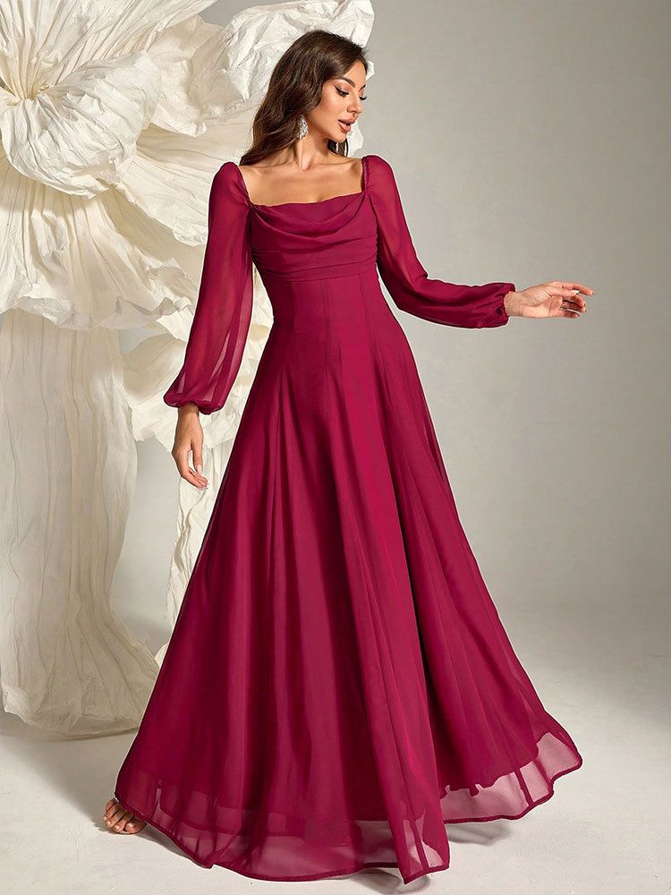 Vestido de noite feminino em chiffon bordô com mangas lanterna, elegante vestido de festa em corte A com cintura alta para banquetes e ocasiões formais_voghion.com