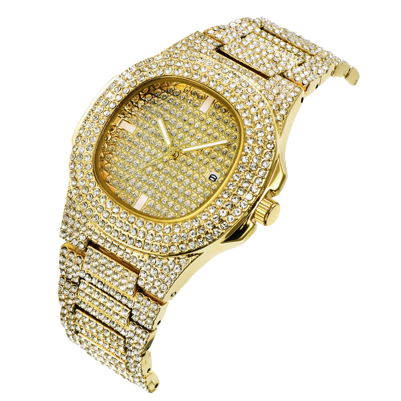 Herrenuhr mit Diamanten im Hip-Shop-Design, Legierungsband und Datumsanzeige_voghion.com