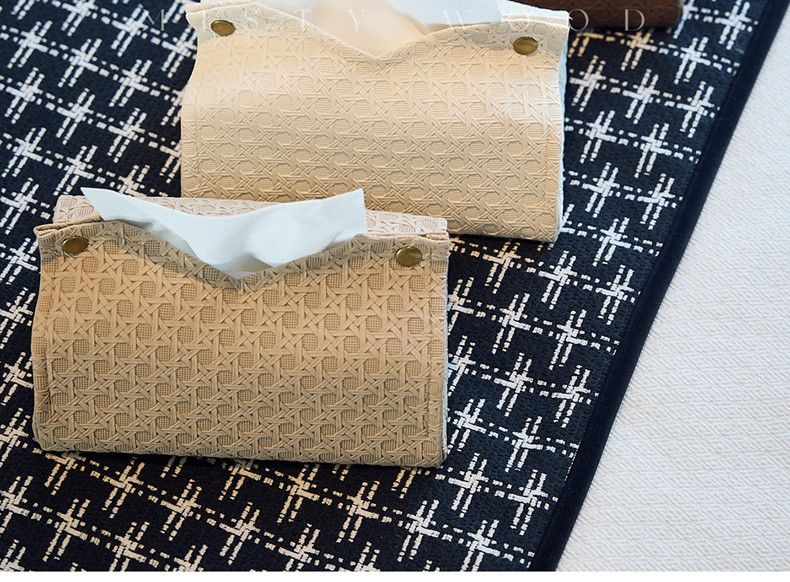 Rattan Desenli Çıtçıtlı Lüks Ev Kılıfı Üst Düzey Masaüstü Depolama Dokulu V Ağızlı Mendil Kutusu_voghion.com