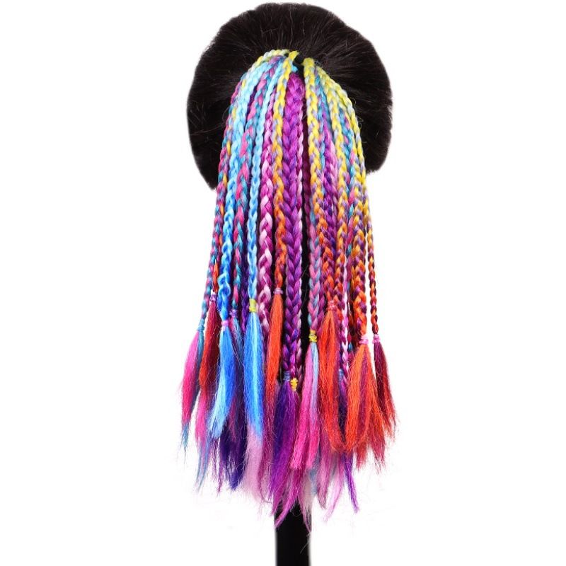 Lot de 5 extensions de cheveux en queue de cheval tressée arc-en-ciel de 30,5 cm avec bande élastique en caoutchouc, coiffure colorée pour enfants_voghion.com