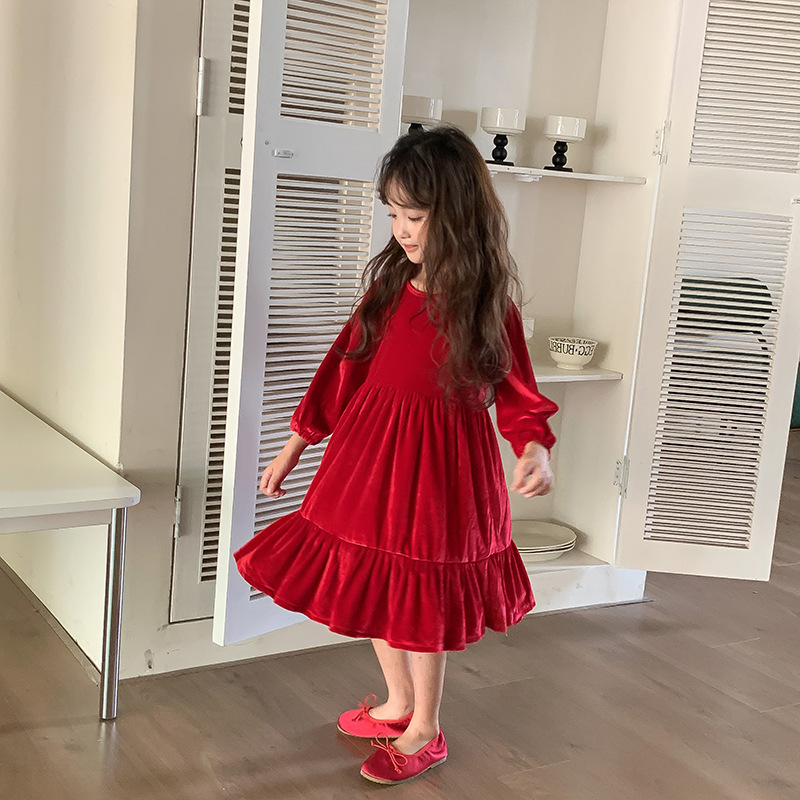 Rotes Herbst-Samt-Langarm-Kinder-Prinzessinnen-Neujahrskleid für Mädchen_voghion.com
