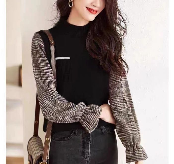 Haut à manches longues tricoté à col haut européen pour femme au printemps, automne, hiver 2024, nouvelle mode et style occidental_voghion.com