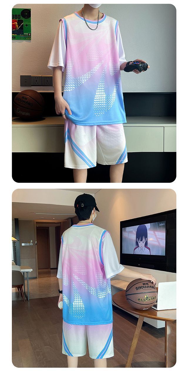 Summer New Quick-Dry Ice Silk Short Sleeve Sports Set Vest Shorts Casual Running Cool Student Basketball Wear_voghion.com