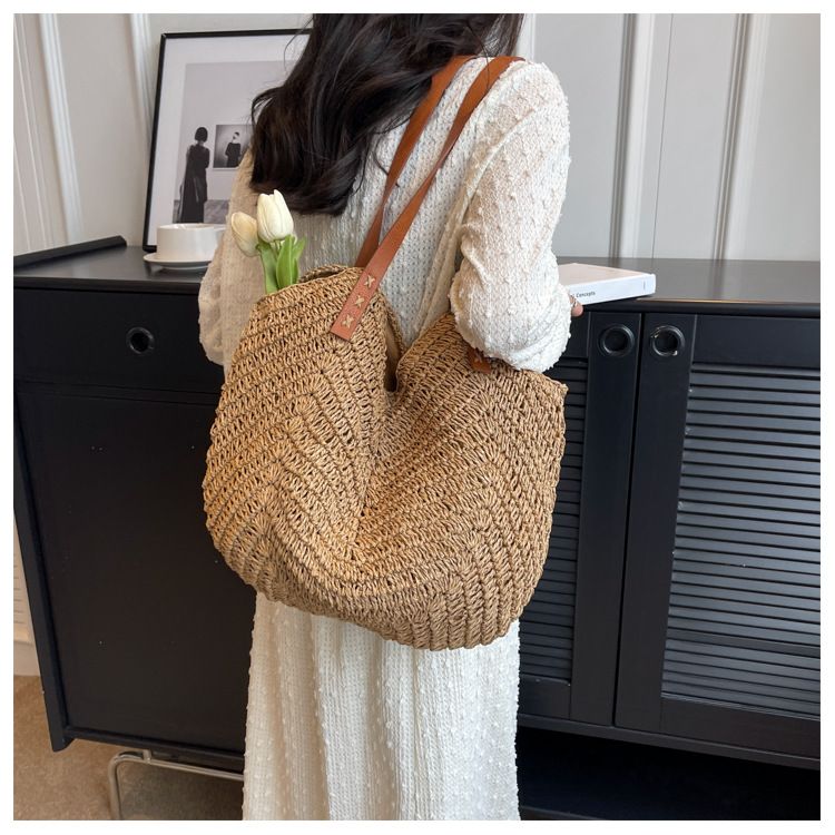 Borsa di paglia Borsa intrecciata Borsa di paglia intrecciata Mori Borsa da spiaggia per donna Borsa da spiaggia intrecciata Borsa a tracolla singola di grande capacità_voghion.com