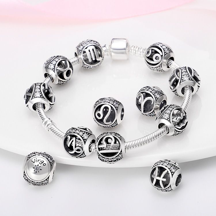 Pingente de prata banhado a cobre branco para mulheres, pulseira com pingente de doze constelações, acessórios de joalheria faça você mesmo, pulseira e colar_voghion.com