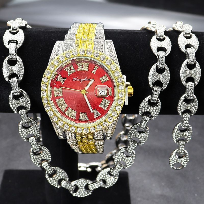 Full Diamond Hip Hop Watch Character Cuban Bracelet Necklace Set Roman Scale Calendar Quartz Watch_voghion.com