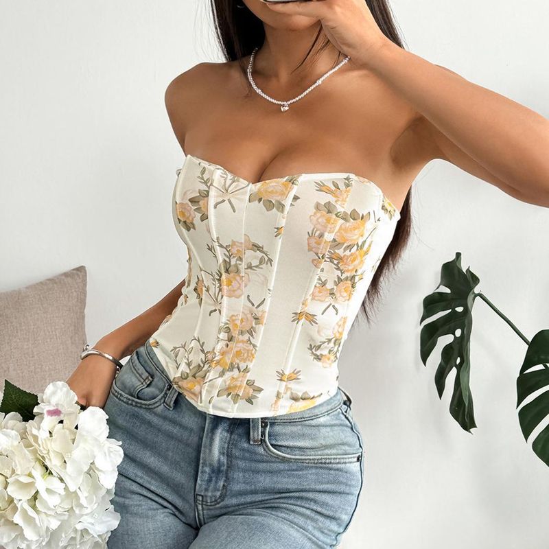 Sexy Spicy Girl Low-Cut Backless Floral Wrapped Chest Diamond-Shaped Fishbone Waist-Cinching Camisole L0033_voghion.com