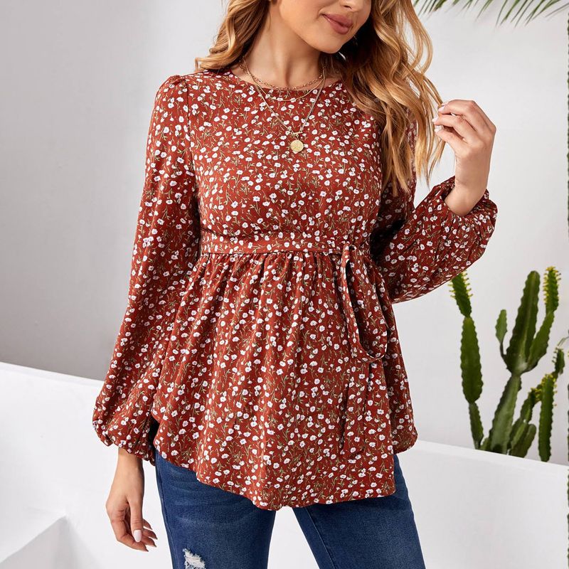 Chemise à imprimé Floral pour femmes enceintes, manches longues, col rond, bouton de taille, ceinture, haut à volants, nouvelle collection 2024_voghion.com