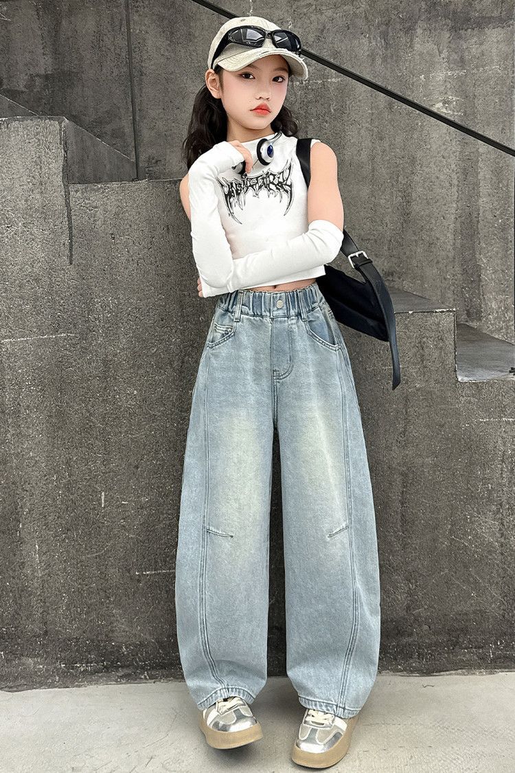 Vaqueros desgastados con cintura elástica para niñas (120-170 cm) - Cómodos vaqueros de pierna ancha para niñas (120-170 cm) - Ropa de calle de moda para primavera y otoño_voghion.com