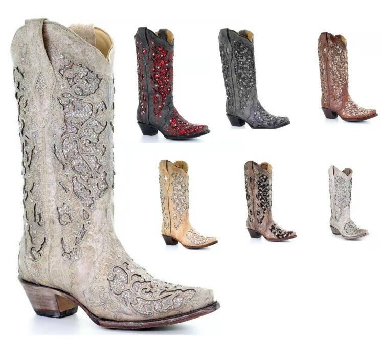 Chaussures pour femmes, bottes de cowboy, chaussures rétro à bout pointu, style ethnique brodé, montantes, couleur unie, talon épais, grande taille, bottes tendance_voghion.com
