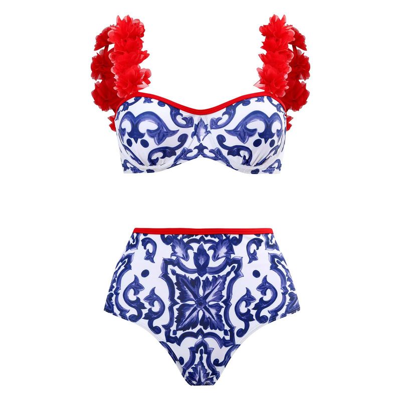 Maillot de bain de vacances pour femme, ensemble trois pièces pour femme, imprimé numérique rétro, jupe fendue noble, maillot de bain_voghion.com