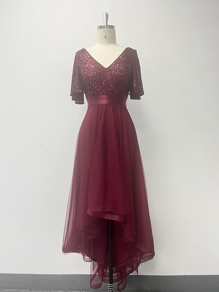 Robe de soirée élégante à volants et manches courtes pour femme avec taille élastique et jupe longue irrégulière en tulle moelleux_voghion.com
