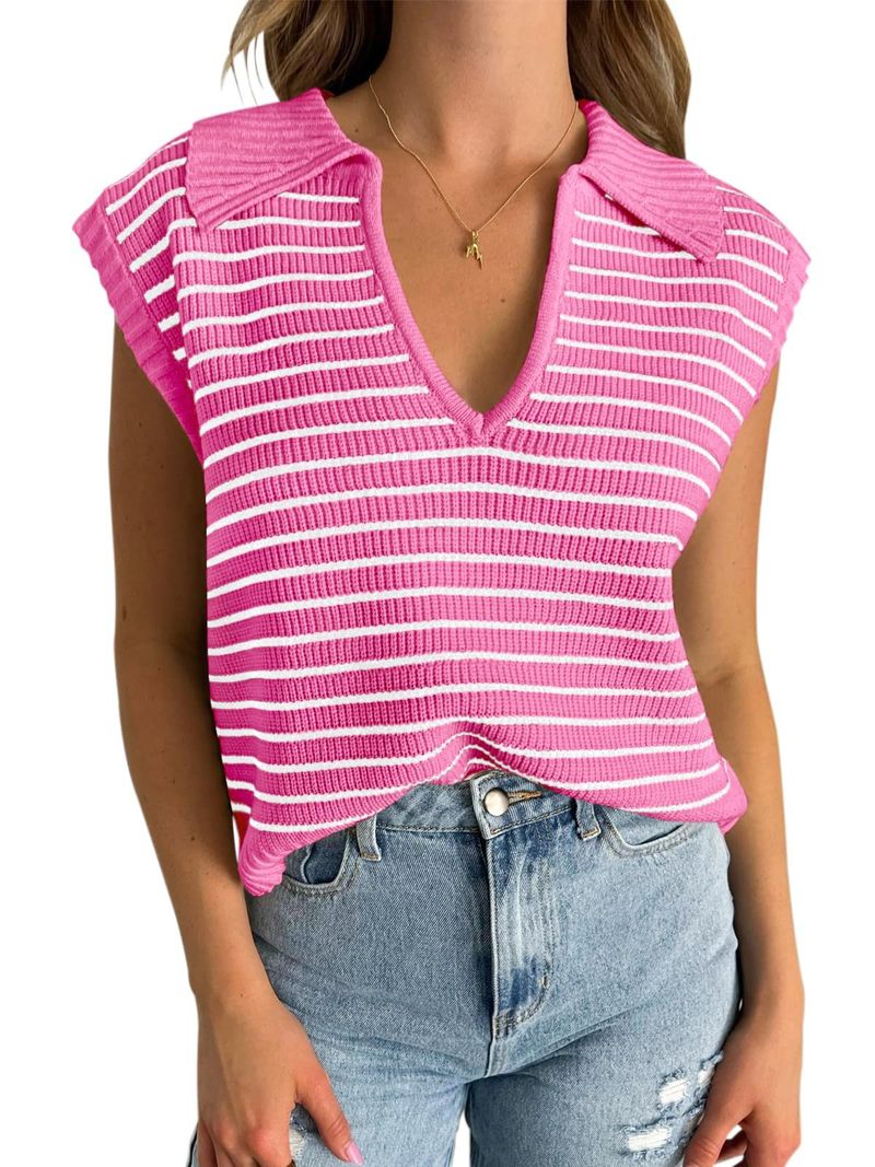 Maglia a righe con scollo a V da donna - Maglione pullover a maniche corte in stile francese, vestibilità ampia - T-shirt casual leggera in misto rayon_voghion.com