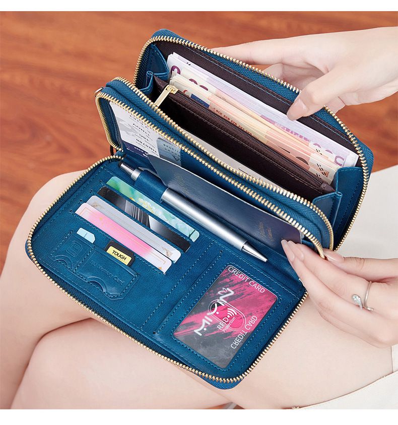 Portapassaporto da viaggio essenziale RFID multifunzionale con doppia cerniera, portapassaporto, portabiglietti, borsa portadocumenti, tracolla, portafoglio lungo_voghion.com