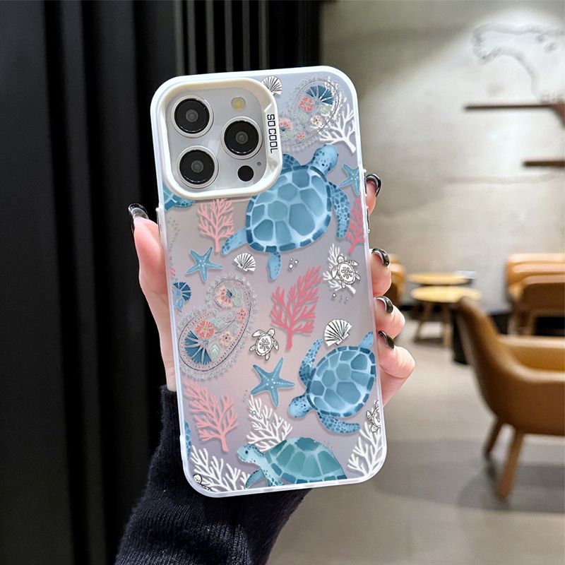 Etui Summer Cartoon Ocean Turtle Plating Matte Shockproof do iPhone'a 16 15 14 13 12 11 Pro Max XS X XR 8 7 Plus SE 2020 PC Cover_voghion.com