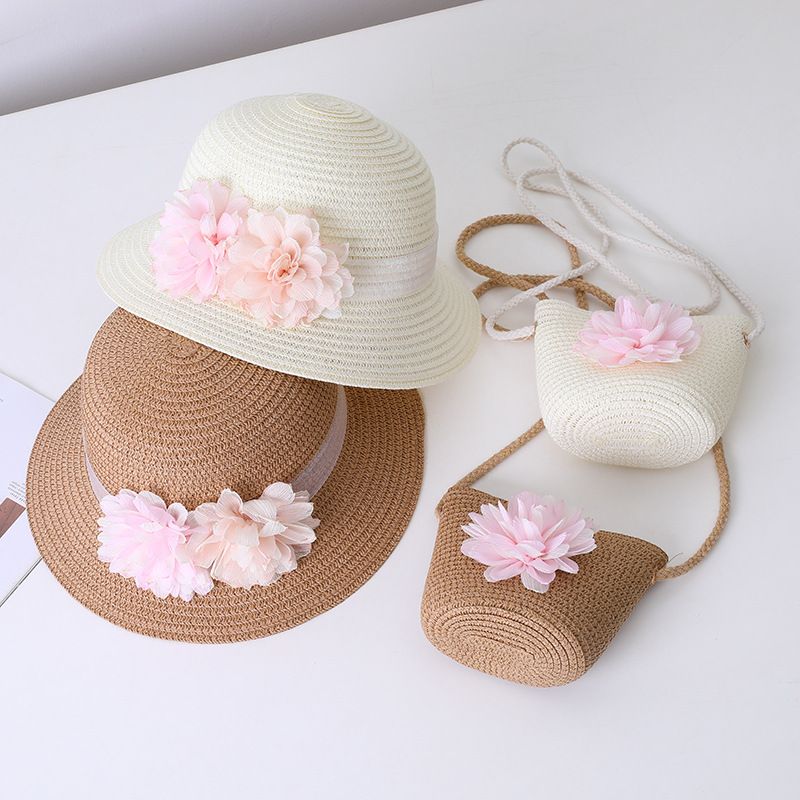 Cappello da spiaggia estivo per bambini, con paglia, per genitori e bambini, con protezione solare, con fiori carini, piccolo sacchetto fresco_voghion.com