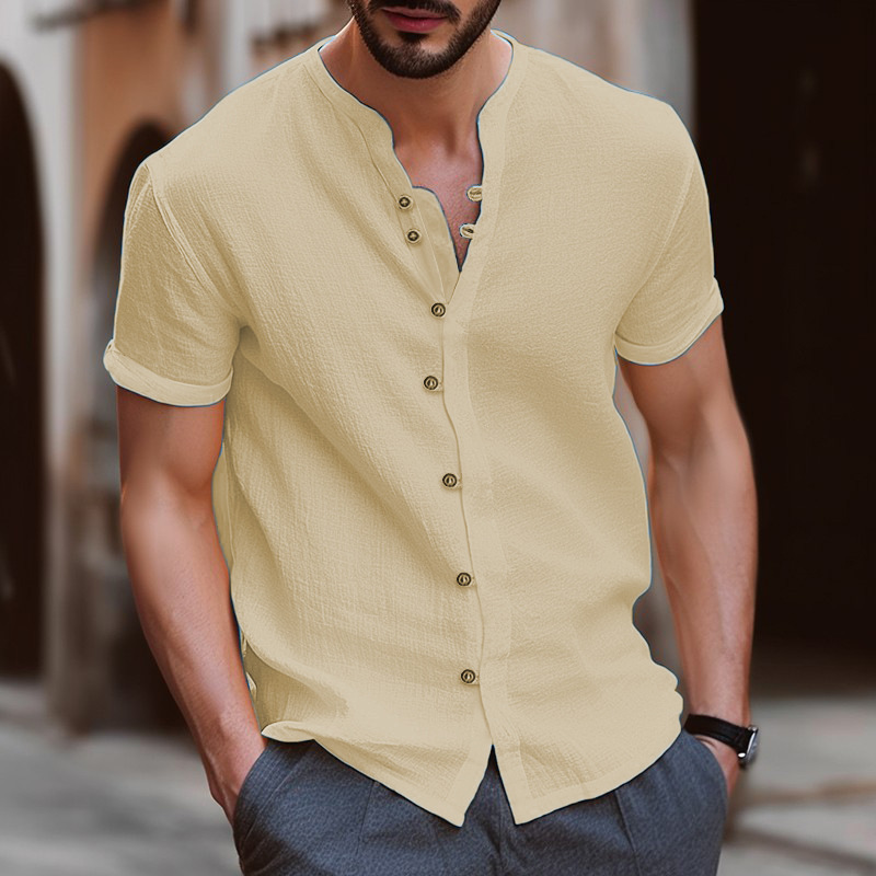 Camicia da uomo retrò in lino a maniche corte - Camicia casual traspirante dalla vestibilità ampia per la primavera estate (beige/kaki/blu)_voghion.com