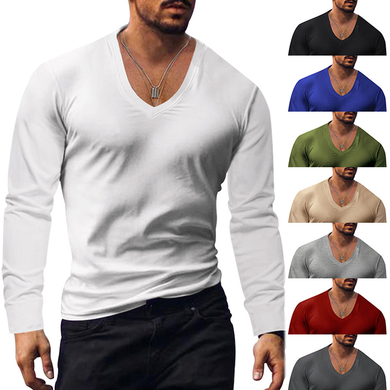 Herrenbekleidung, T-Shirt, Oberteil, Herbst und Winter, unten, V-Ausschnitt, einfarbig, große Größe, lässiges T-Shirt mit langen Ärmeln_voghion.com