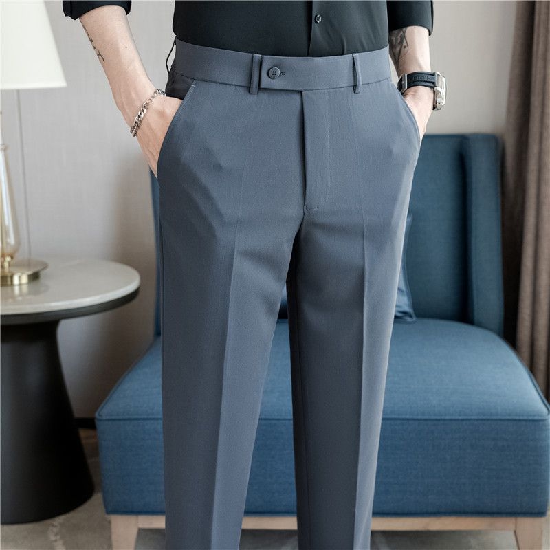 Summer new men's casual trousers, thin comfortable small straight nine-point trousers, elastic and drape on all sides, white trousers_voghion.com