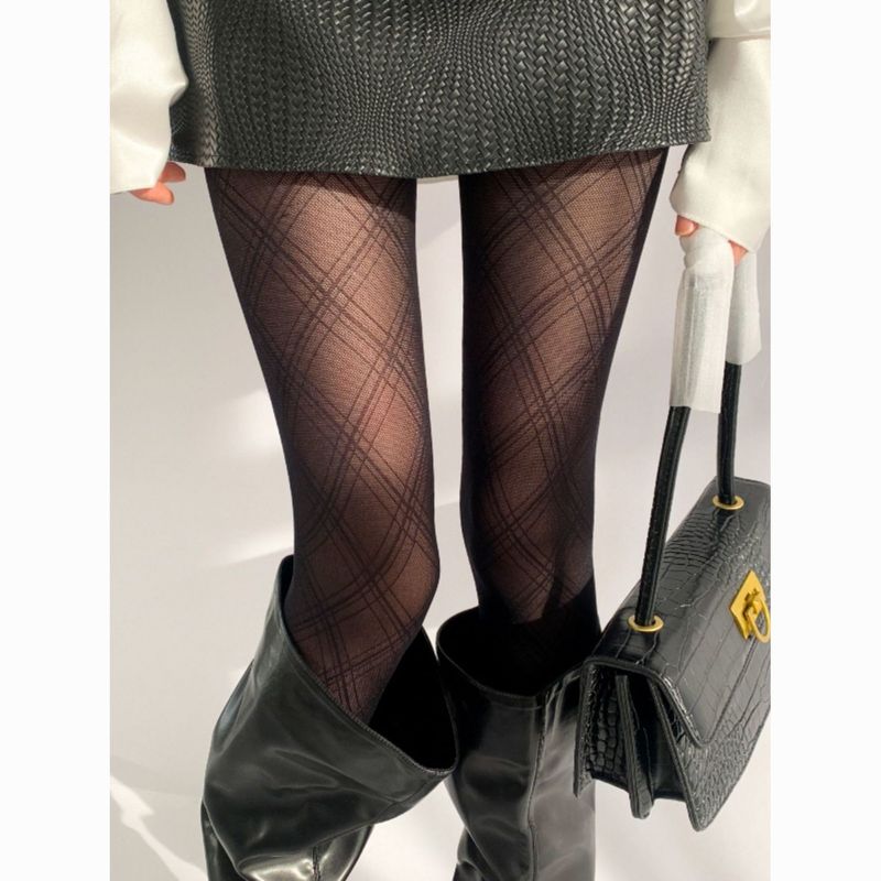 【Parrot Pear Exclusive】Nighttime Study Room Diamond Grid Strümpfe Frauen Schwarze Strumpfhosen Schöne Beine Herbst_voghion.com