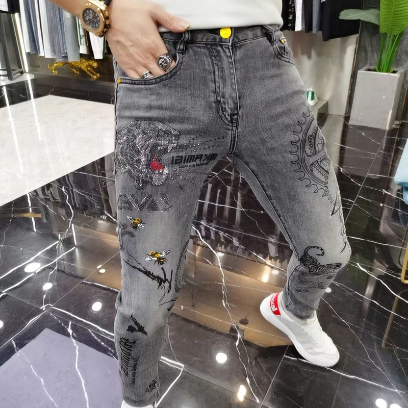 Herrenbekleidung Herren Four Seasons European Fashion Brand Jeans Herren Heavy Industry Tiger Hot Diamond Trendy Grey Slim Pints_voghion.com