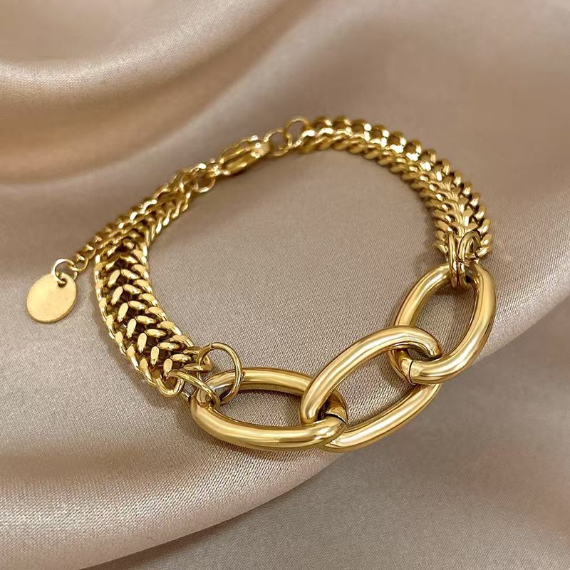 New Hip-Hop Exaggerated Stainless Steel Double Row Cuban Chain Bracelet Ins Style French Elegant Versatile For Women_voghion.com
