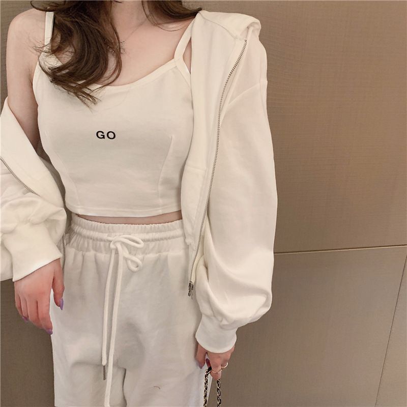 Ensemble de sport décontracté en coton 6535 pour femme, short, sweat à capuche zippé, veste, caraco, ensemble trois pièces printemps-automne_voghion.com