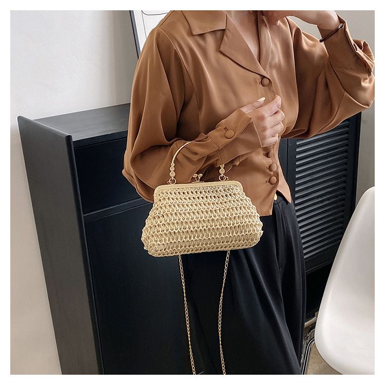 Borsa a tracolla da donna, borsa a mano intrecciata, borsa a conchiglia alla moda, borsa a mano con catena intrecciata in paglia alla moda per donna_voghion.com