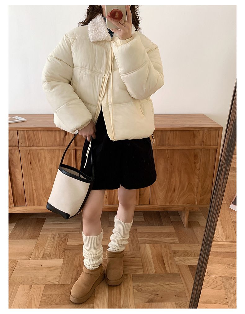 Cropped Sherpa-Lined Puffer Jacket – Korean Streetwear Belted Coat (4 Soft-Toned Colors, Lightweight Quilted Polyester)_voghion.com
