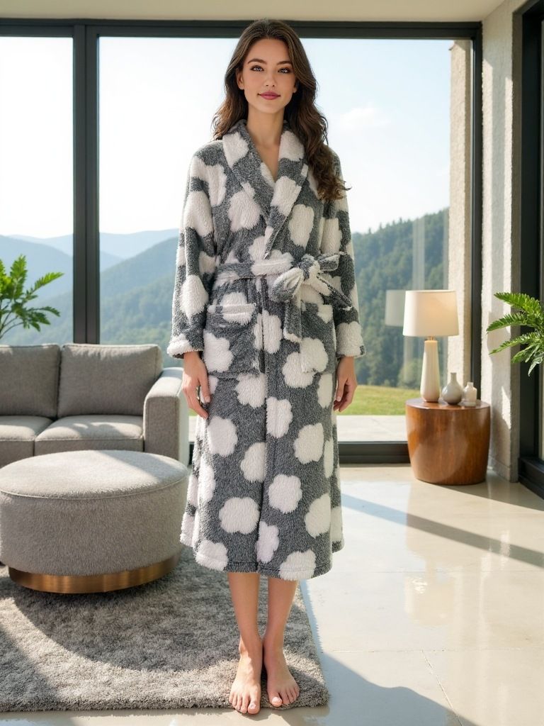 Autumn And Winter Clouds Printed Warm And Comfortable Bathrobe Women's Nightgown_voghion.com