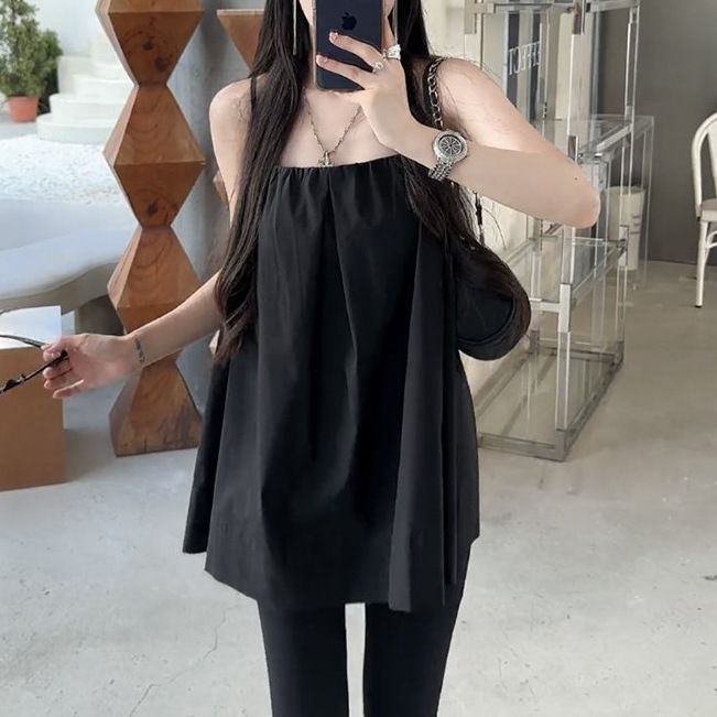 Ensemble été 2025 style coréen élégant : débardeur épaules dénudées et pantalon évasé taille haute._voghion.com