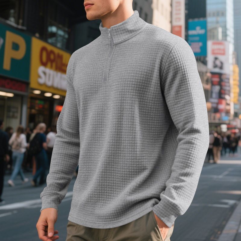 Roupas masculinas com gola alta e zíper, moletom com estampa xadrez pequena, poliéster respirável, leve, confortável, casual, esportivo_voghion.com