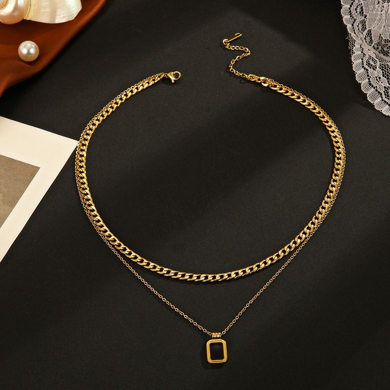 Simple Double Layer Square Pendant Stainless Steel Necklace, Fashionable Popular Design, Elegant And Versatile Cuban_voghion.com