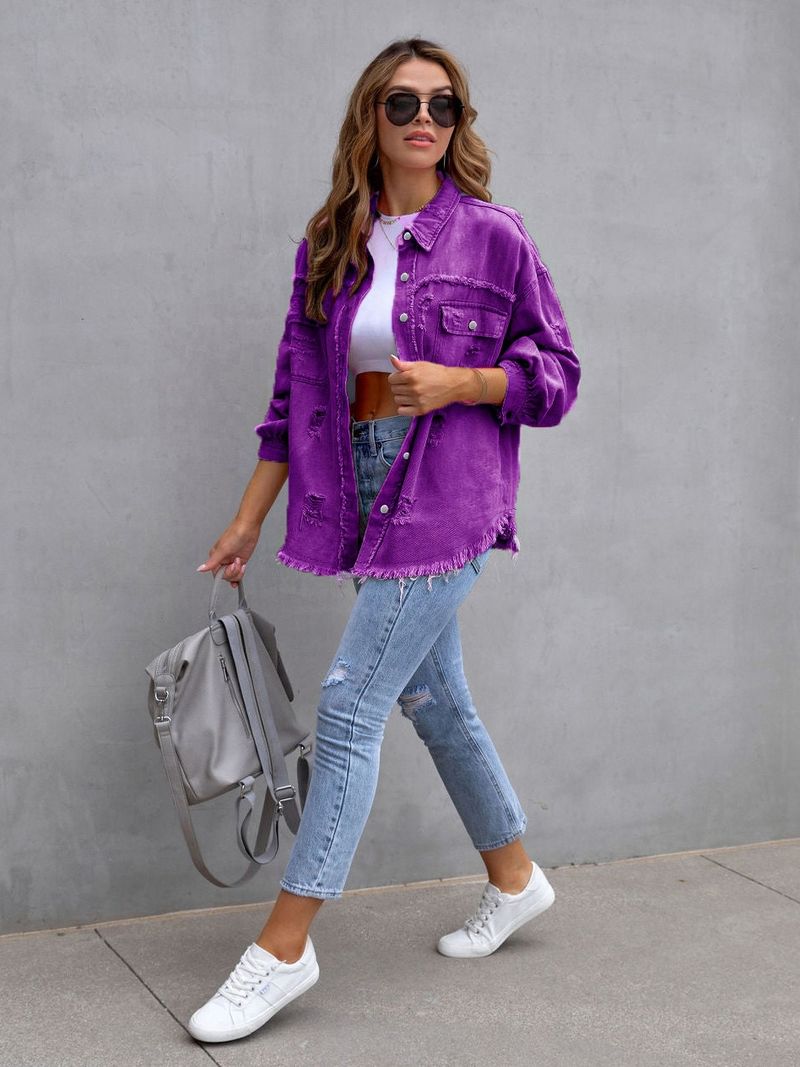 Damen Distressed Jeansjacke Übergroßer Langarm-Freizeithemdmantel in Unifarben_voghion.com