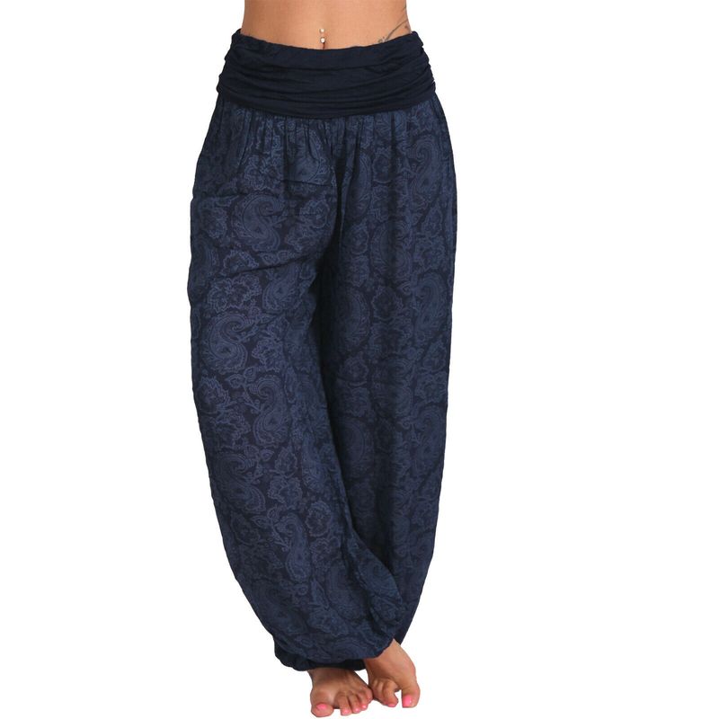 Roupas femininas Impressão digital Calças longas e largas Calças casuais Calças harém_voghion.com