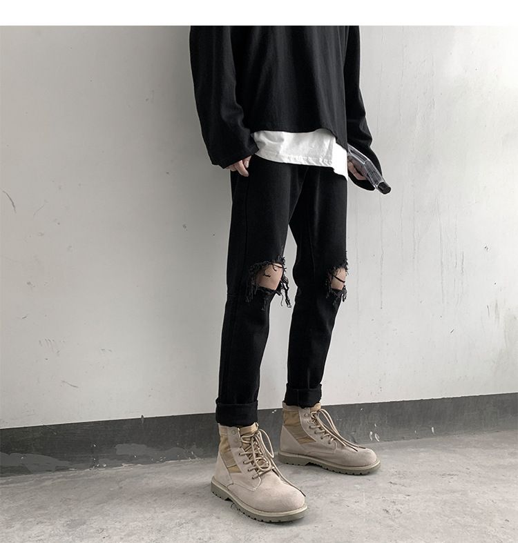 Korean version of trendy high street summer black loose straight leg jeans with large holes for men's casual versatile_voghion.com