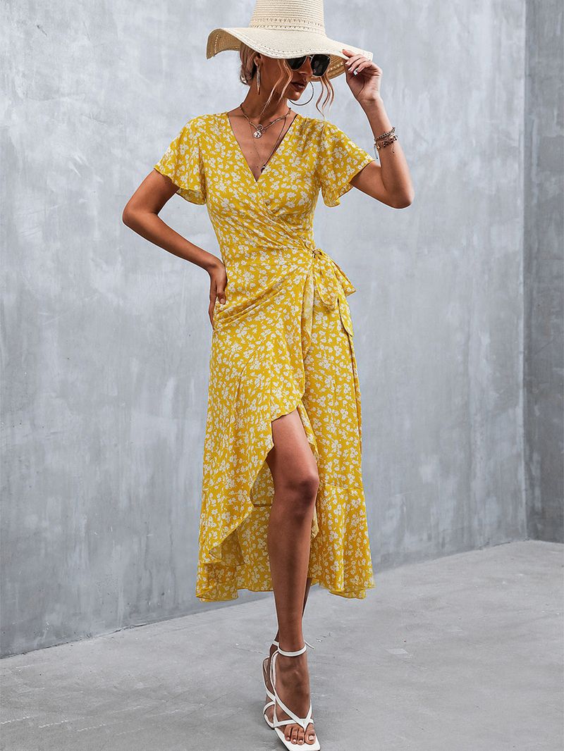 Frühling/Sommer 2022 Neues böhmisches, gekreuztes, geblümtes Kleid mit V-Ausschnitt und Schnürung_voghion.com