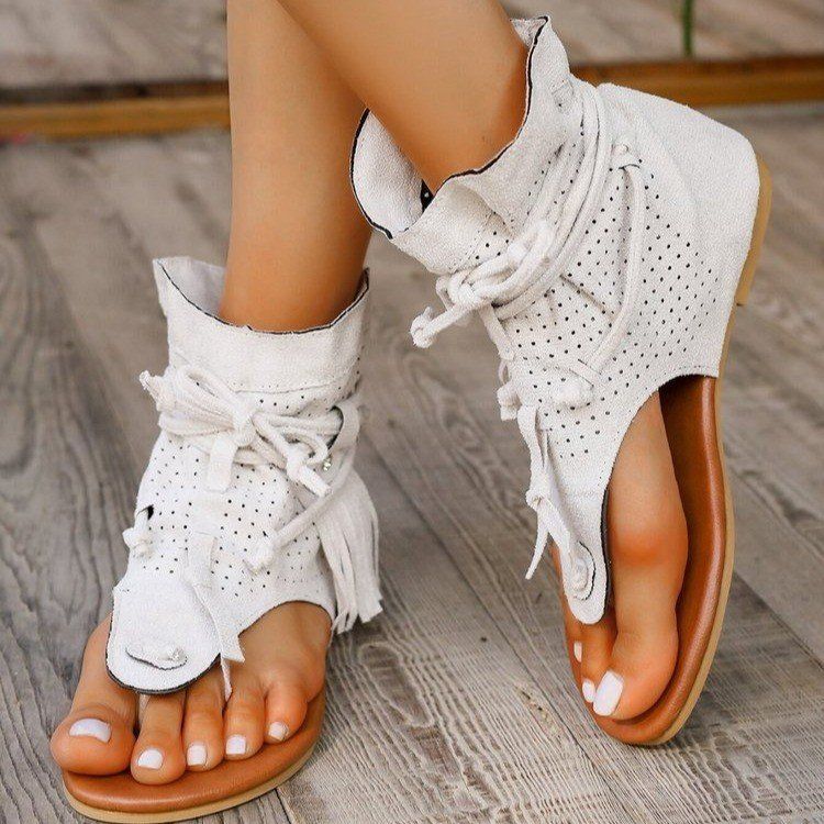 Large size boots for women summer tassel flat toed hollow sandals_voghion.com