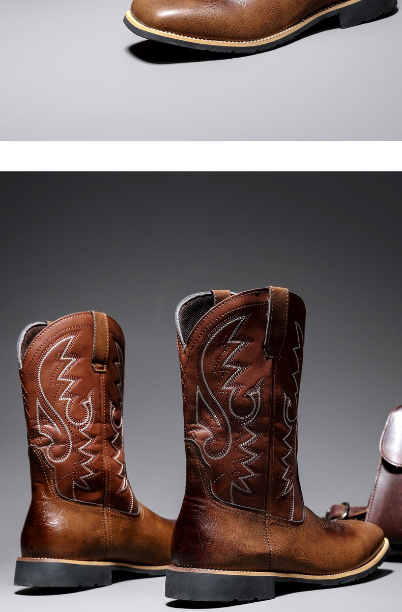 Amekaji Herren-Reitstiefel mit hoher Röhre, bestickt, Western-Cowboy, trendig, für Motorradfahrer, quadratische Zehenpartie_voghion.com