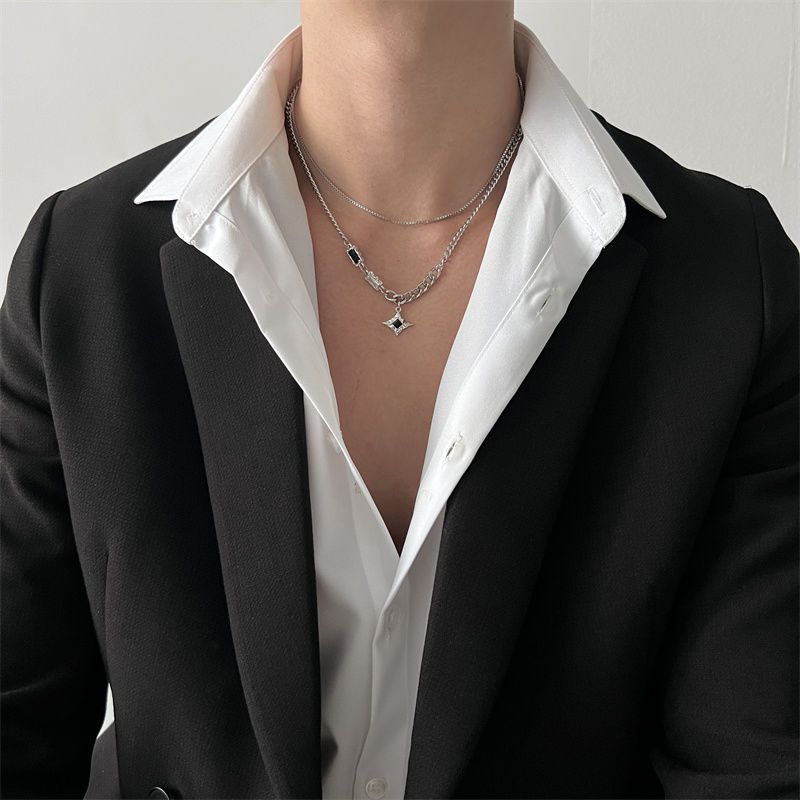 Black Zircon Double Layer Mang Star Necklace For Men's Ins Trendy And Handsome Hip Hop Niche Design High Grade New Versatile Jewelry_voghion.com