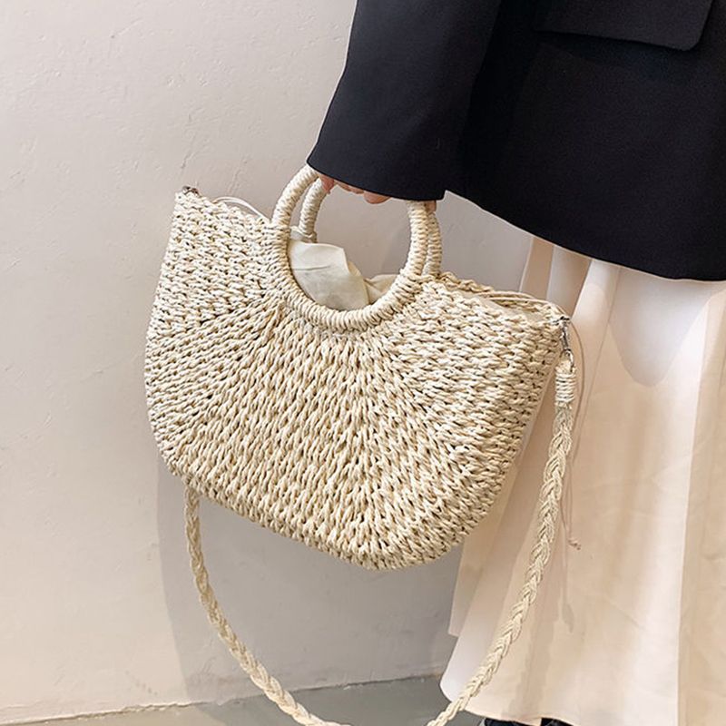 Borsa fatta a mano in rattan da donna in paglia intrecciata estiva Nuove borse da spiaggia da viaggio a spalla alla moda Borsa con manico in tessuto_voghion.com
