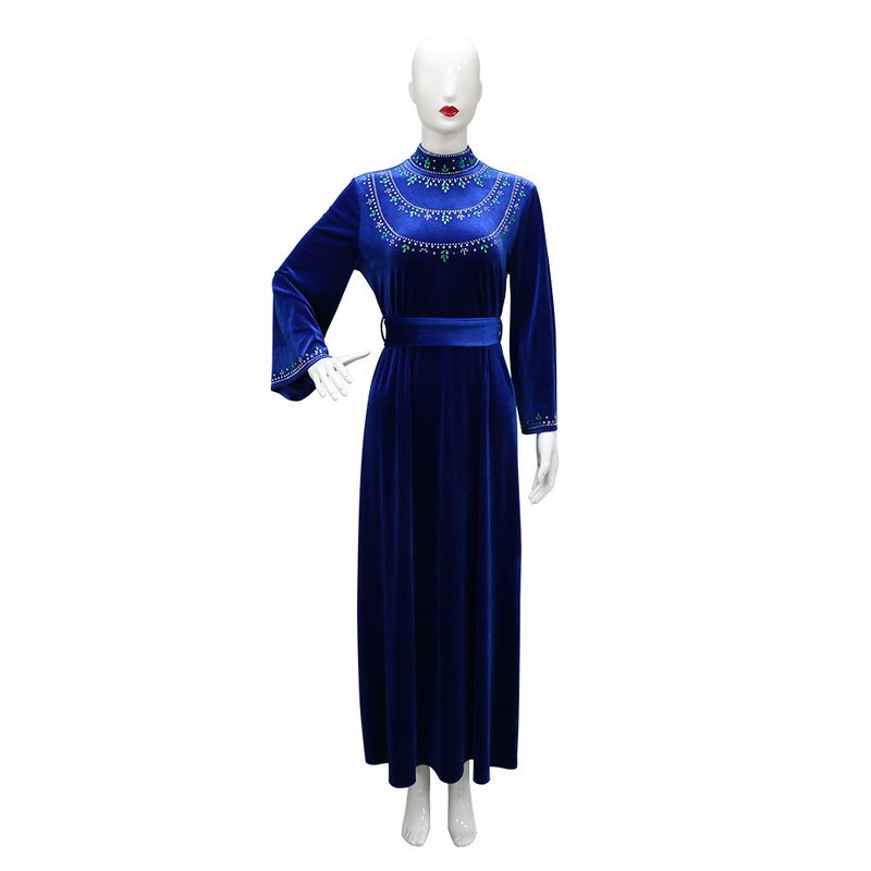 Women's Clothing Abaya Robe Velvet Zipper Green Water Drop Diamond Dress_voghion.com