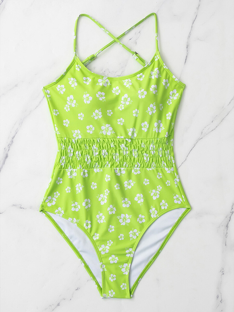 Happybuyner Damen-Sommer-Monokini-Badeanzug, ärmellos, rückenfrei, Blumendruck, geraffter Badeanzug, einteiliger Badeanzug_voghion.com
