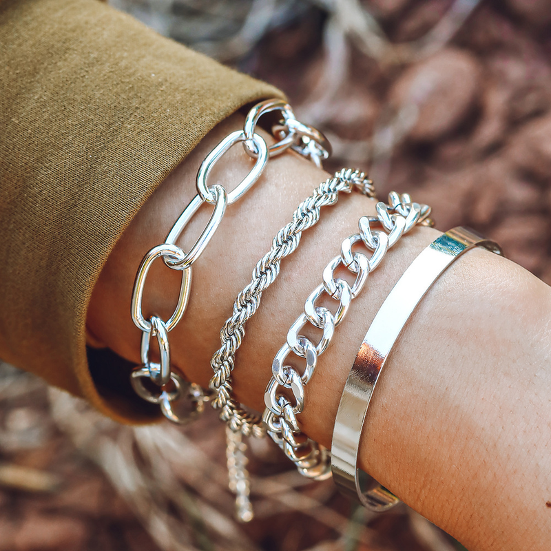 Alloy 4-Piece Set Hip-Hop Cuban Punk Style Niche Twisted Rope Chain Bracelet Jewelry_voghion.com