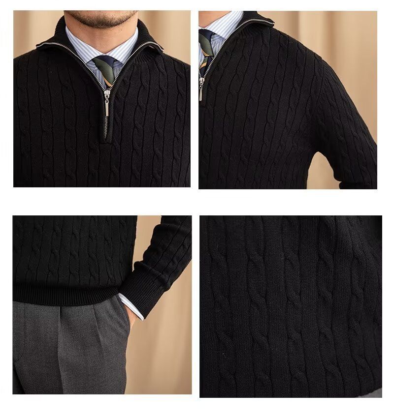 Men's Clothing Cozy Retro Zip-Up Knit Sweater For Men & Women, Soft Pullover With Embroidered Badge, Loose Fit Casual Wear, Black/White, Sizes M-3XL_voghion.com