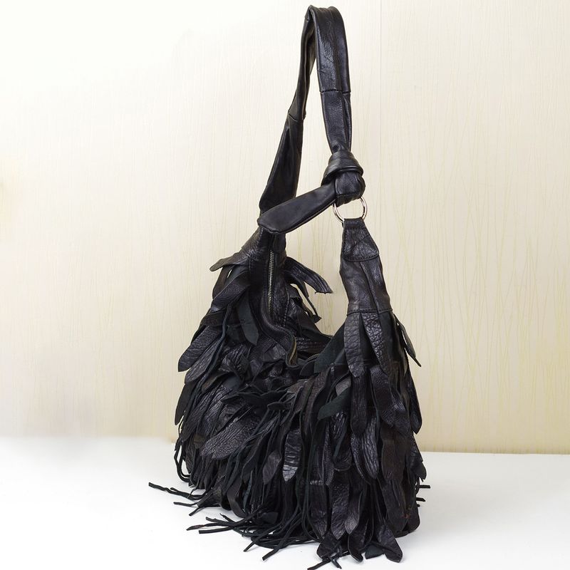 Bolso de piel nuevo para mujer, bolso hobo personalizado con borlas de rayas negras, suave y casual para mujer, bolso de hombro, bolso de piel de oveja para mujer_voghion.com