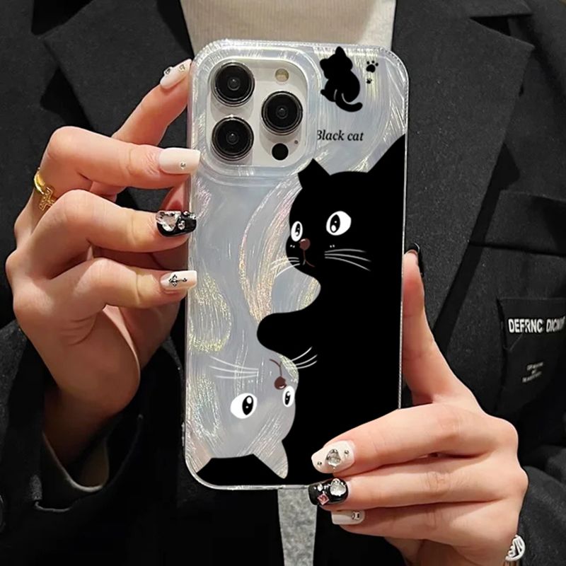 Custodia per telefono con gatto nero dei cartoni animati per iPhone 16 15 Custodia per iPhone 13 11 12 14 Pro Max XR XS X 7 8 Plus SE2 Custodia con piume argentate_voghion.com