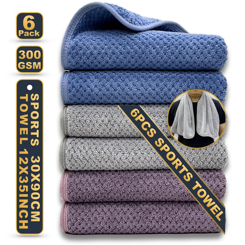 6-Pack Gym Towels - 30x90cm Extra Long & Quick Dry (Sports Towel With Jacquard Design Non-Slip Absorbent Workout Towel For Fitness & Running)_voghion.com