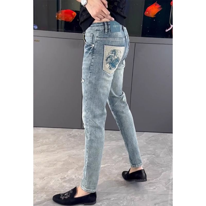 Pantaloni skinny elasticizzati slim fit in stile coreano Four Seasons Jeans da uomo, casual, lavati_voghion.com